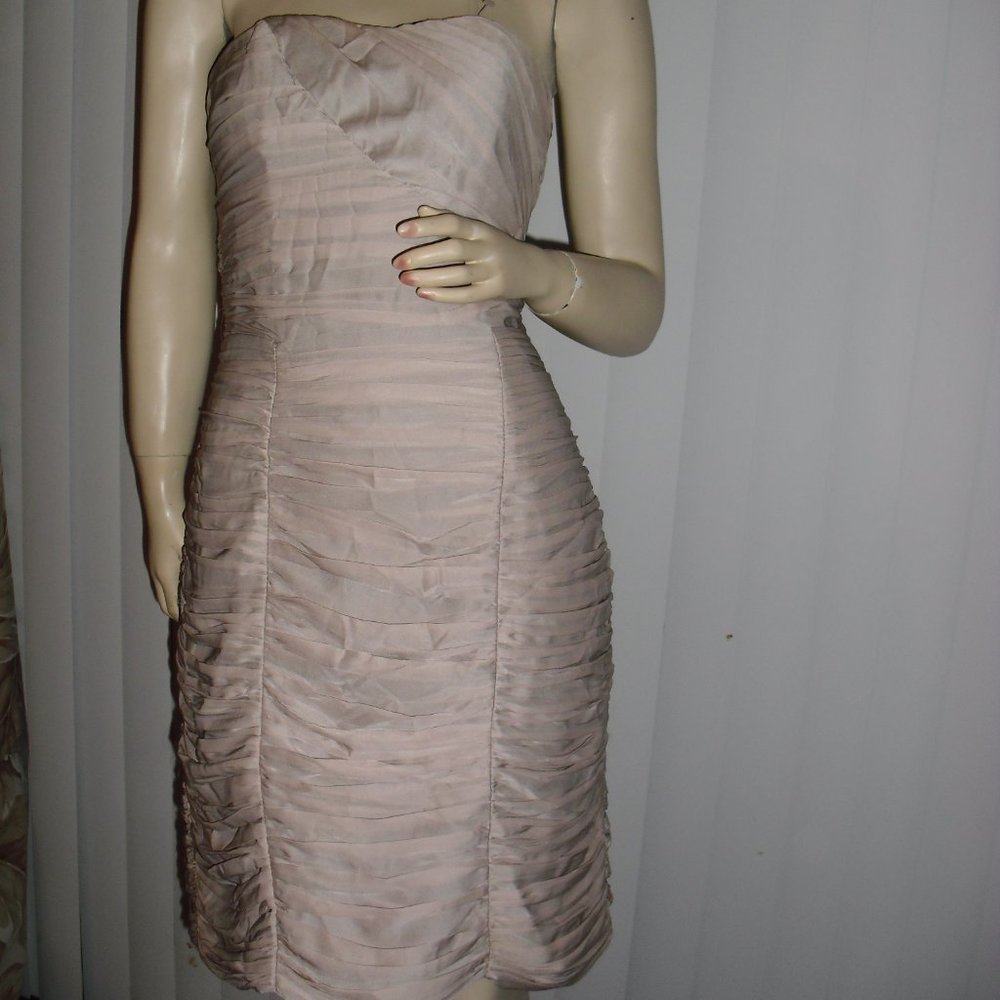 H & M party,cocktail,beige,ruched,gathered,strapless,boned for shape,bodycon
